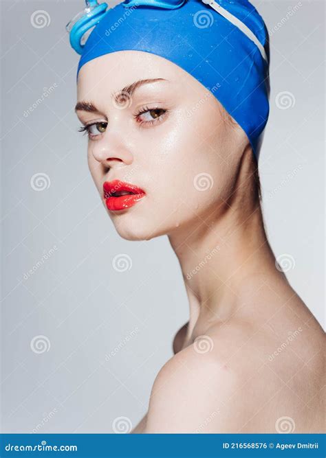 Woman In Cap And Goggles For Swimming Naked Shoulders Model Portrait
