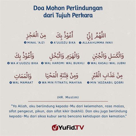 Silakan lihat 'doa setelah tasyahhud akhir sebelum. Ensiklopedia Islam - Doa Mohon Perlindungan dari Tujuh Perkara