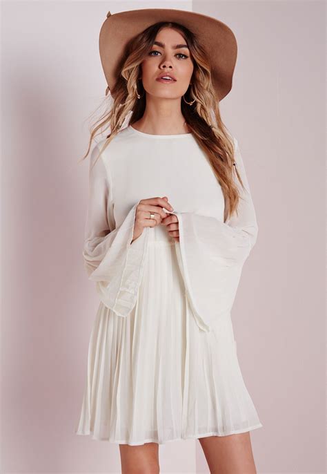 Missguided Long Sleeve Pleated Swing Dress White White Dress
