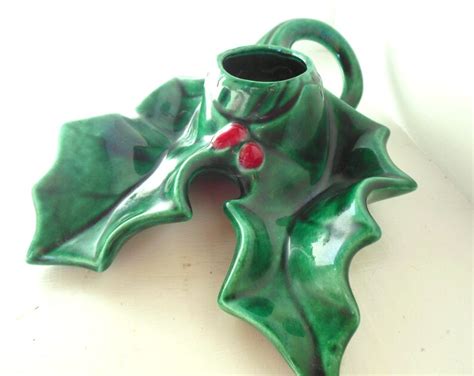 Vintage Lefton Candle Holder Holly Green Christmas 50 S Etsy