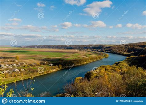 Autumn Landscape River Sky With Clouds Fields Stock Photo Image