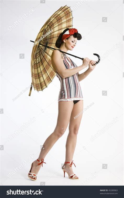 Pinup Model Umbrella Isolated On White Stock Photo Shutterstock