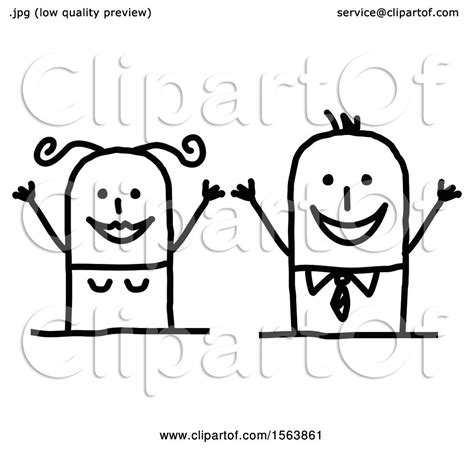 Clipart Of A Cheering Excited Stick Couple Royalty Free Vector
