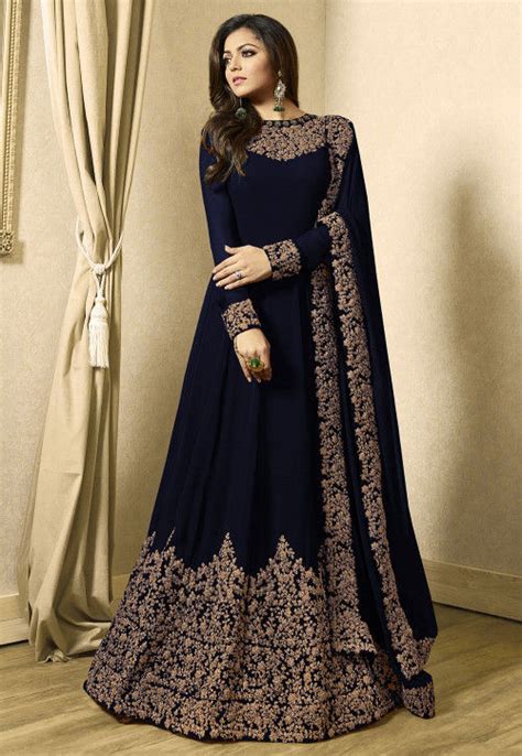 Buy Embroidered Georgette Abaya Style Suit In Navy Blue Online Kch1588 Utsav Fashion