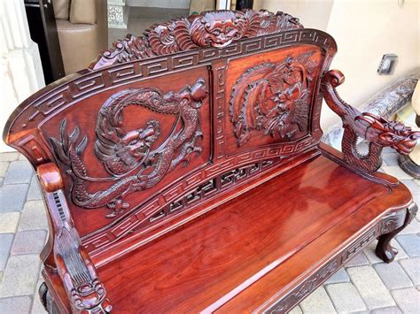 Antique Chinese Hand Carved Rosewood Dragon And Bird Bench Sofa Beautiful