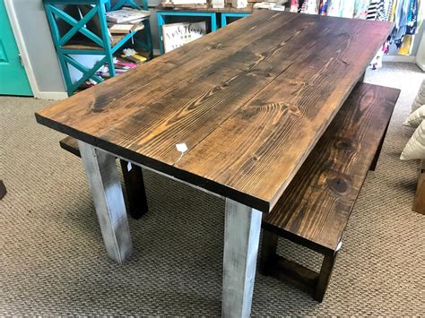 Dark Walnut Farmhouse Table With Benches Rustic Wooden Dark Walnut Top and Creamy White 