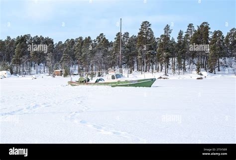 Ship On Frozen Lake Inari Finland Stock Photo Alamy