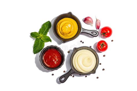 Set Of Sauces And Fresh Vegetables Isolated On White Background