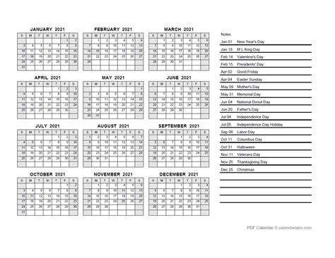 2021 Yearly Calendar PDF - Free Printable Templates