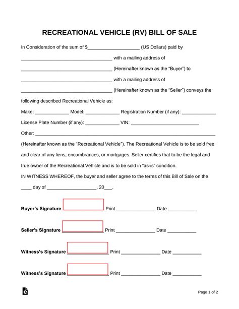 Free Recreational Vehicle Rv Bill Of Sale Form Pdf Word Eforms