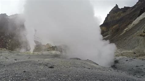 Smoking Steaming Fumarole On Thermal Field In Crater Active Volcano