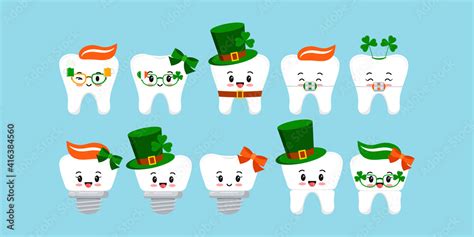 St Patrick Day Tooth Icon Set Isolated Dentist Cute White Teeth Crown