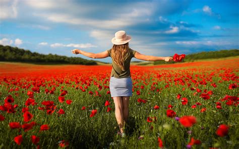 Poppy Flowers Girl In The Field Of Red Poppies Beautiful Wallpapers Hd