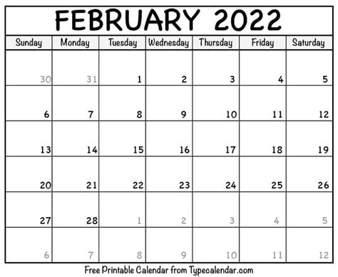National Holiday Annual Calendar February 2022 Calendar Printable Free