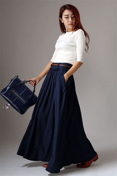 Swing Long Linen Maxi Skirt For Women Navy Blue Walking Skirt High Waist Swing Pleated Skirt