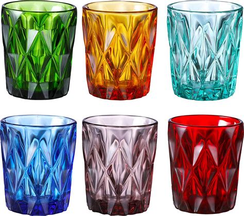 Gala Houseware Diamond Etched Glass Tumblers Set Of 6 With 9 Oz Volume Multi Colors Lead Free