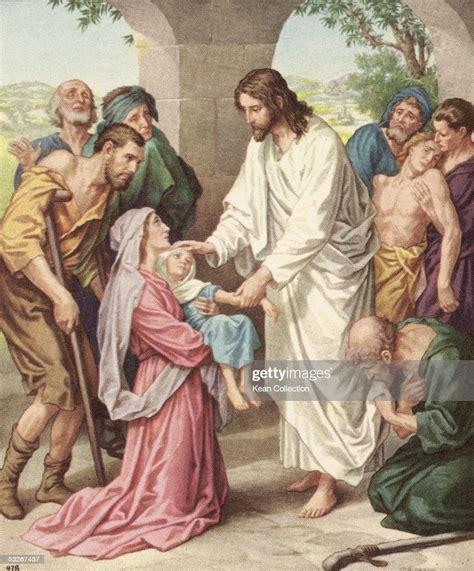 Colorized Print Shows Jesus As He Heals A Sick Child Held In The Arms