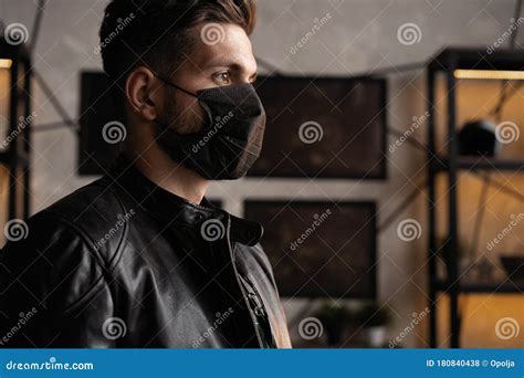 Handsome Young Manin Black Mask Fashionable Man In Leather Jacket