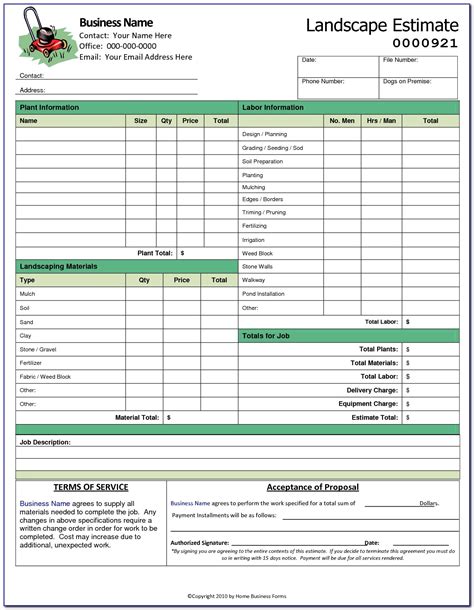 Lawn Care Estimate Form Invoice Template