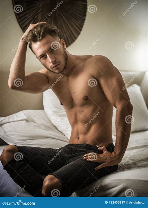 Shirtless Male Model Lying Alone On His Bed Stock Image Image Of Home Lying