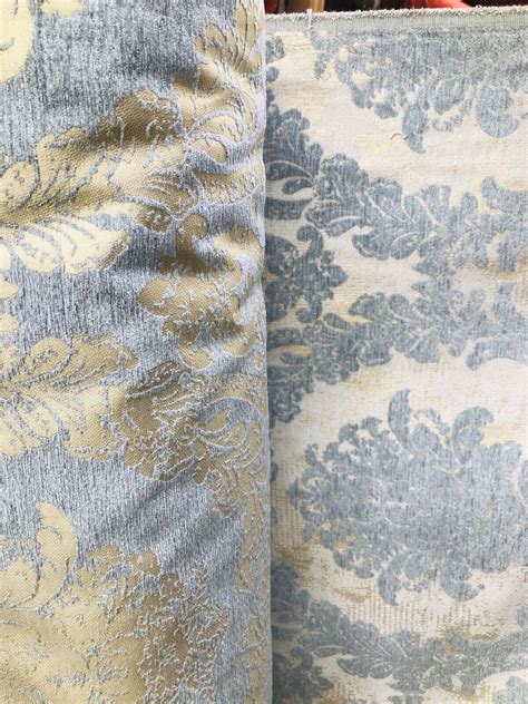 Designer Velvet Chenille Burnout Damask Upholstery Fabric Blue And Gold