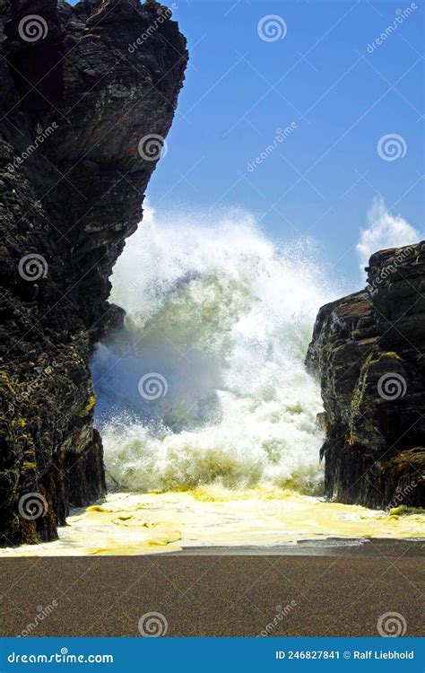 Secluded Black Lava Sand Beach Cove Powerful Heavy Violent Surf Waves