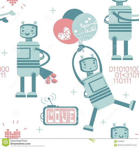 Seamless Pattern With Cute Robot In Love Stock Vector