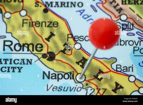 Close Up Of A Red Pushpin In A Map Of Napoli Naples Italy Stock