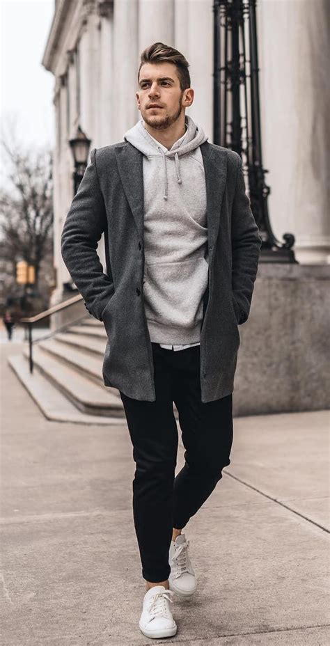 Grey Hoodie With Charcoal Overcoat Outfit For Men ⋆ Best Fashion Blog