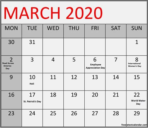March 2020 Calendar With Holidays Pdf Doc March 2020 Calendar March