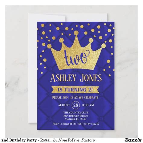 A Blue And Gold Birthday Party Card With A Crown On The Front One Is