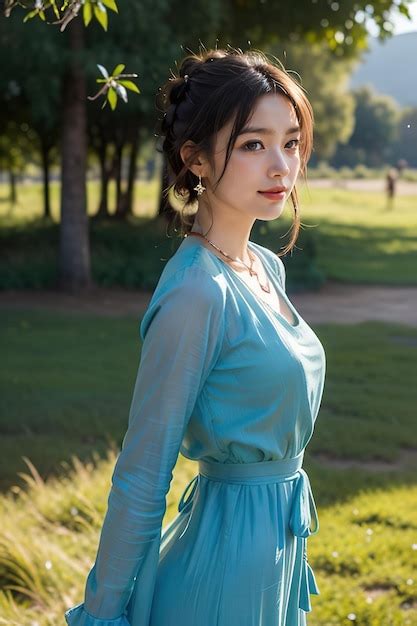 Premium Ai Image A Woman In A Blue Dress With A Long Braid In Her Hair