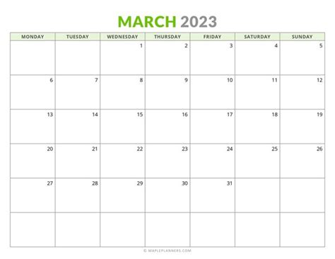 Free Printable March 2023 Monthly Calendar Monday Start