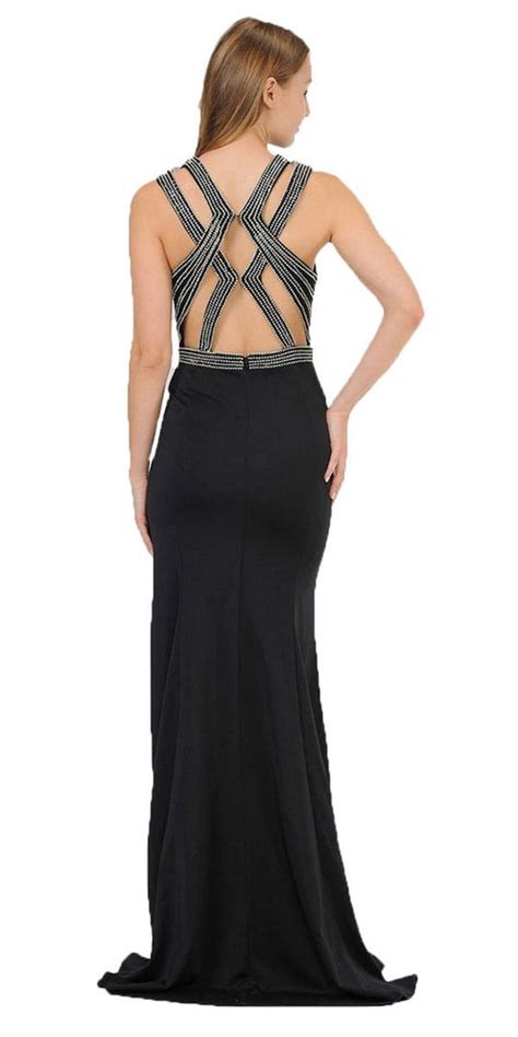 Poly Usa 8230 Black Sleeveless Long Prom Dress Beaded Open Back