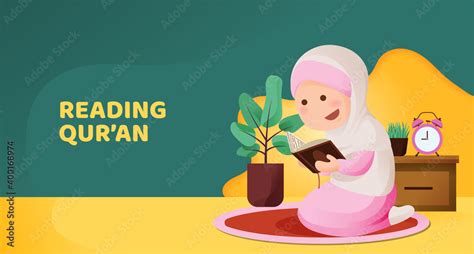 Muslim Kid Girl Sit And Reading Quran With Happy Smile Face Reciting