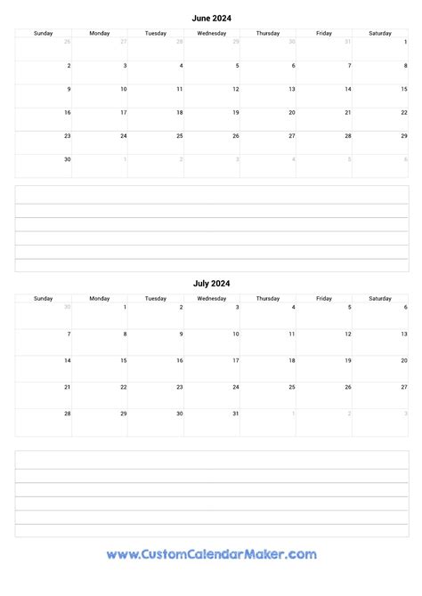 June And July 2024 Printable Calendar Template