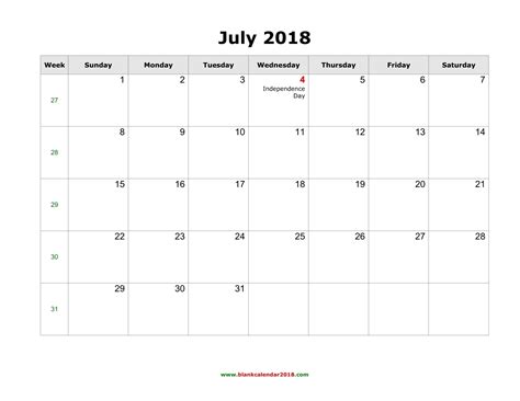 Blank Holidays Calendar July 2018 Landscape