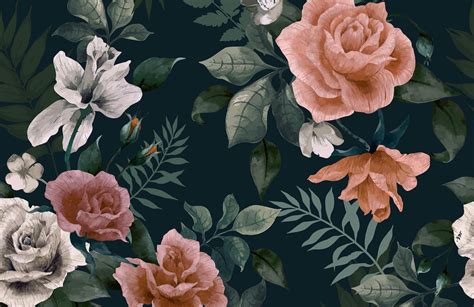 Dark Green And Pink Floral Wallpaper Mural Hovia Pink Floral