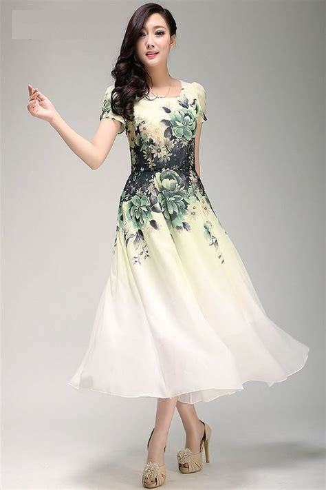 Green Floral Chiffon Dress Tea Length Dress With Short Sleeves Print Chiffon Dress Floral