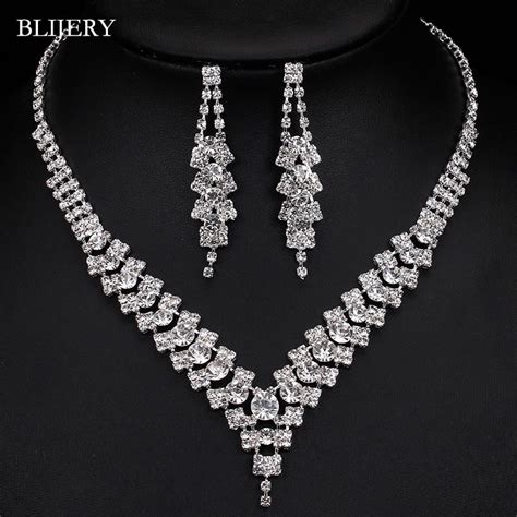 Blijery Silver Color V Shaped Bridal Wedding Jewelry Sets Crystal