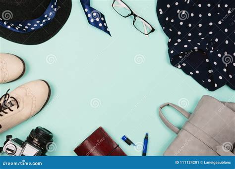 Beautiful Fashion Flatlay Arrangement With Female Shoes Hat Glasses