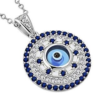 Womens Sterling Silver White Blue Cz Evil Eye Pendant Necklace Ebay