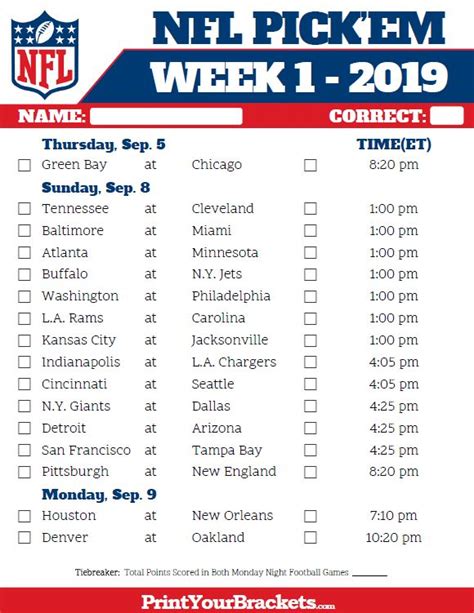 Printable NFL Week 1 Schedule Pick Em Pool 2019 Nfl Football Schedule