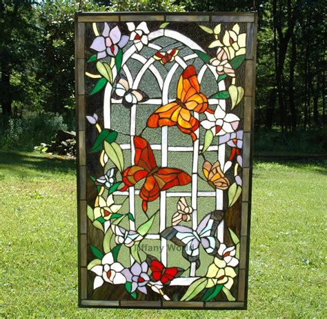 20 X 34 Beautiful Large Stained Glass Window Panel Butterfly Garden