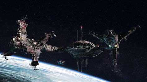 Three Gray Spaceships In Space Digital Wallpaper Science Fiction