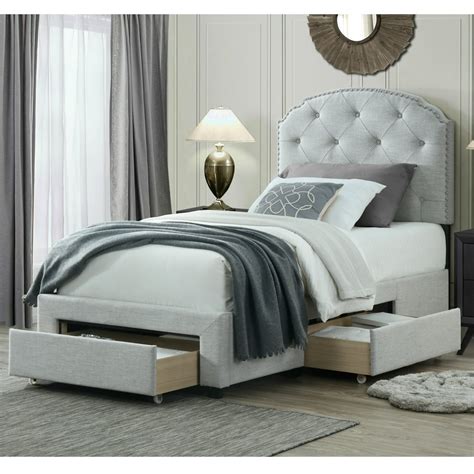 Dg Casa Argo Tufted Upholstered Panel Bed Frame With Storage Drawers And Nailhead Trim Headboard