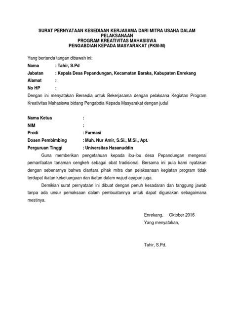 Ada contoh surat pernyataan kesanggupan kerja, belum atau sudah menikah, , dan lain sebagainya. Surat Pernyataan Kesediaan Kerjasama Dari Mitra Usaha ...