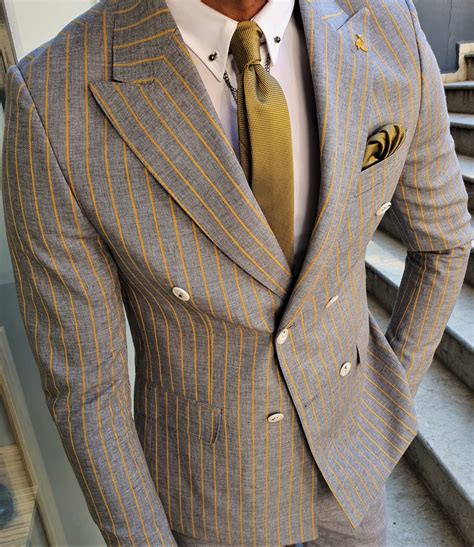 Double breasted suits are great if youre looking for some formal tailoring thats a little different. Buy Yellow Slim Fit Pinstripe Double Breasted Suit by GentWith