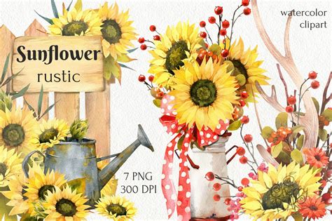 Watercolor Fall Sunflower Rustic Clipart Autumn Harvest Etsy