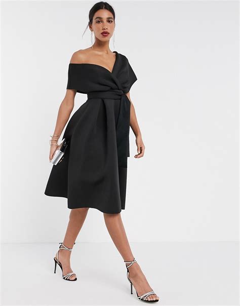 Asos Design Fallen Shoulder Midi Prom Dress With Tie Detail In Black Modesens